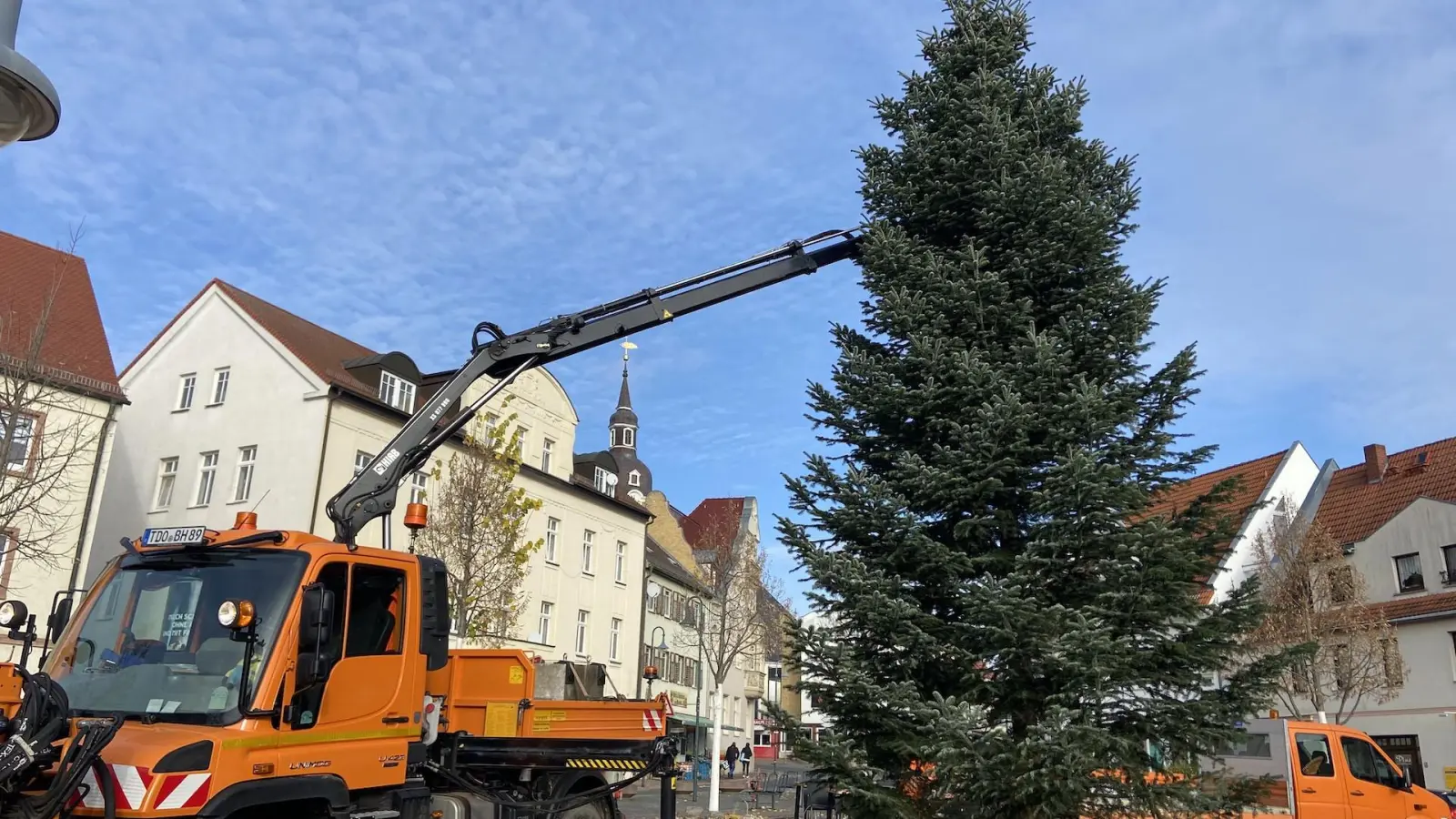 Der Weihnachtsbaum auf dem Marktplatz steht (Foto: taucha-kompakt.de)