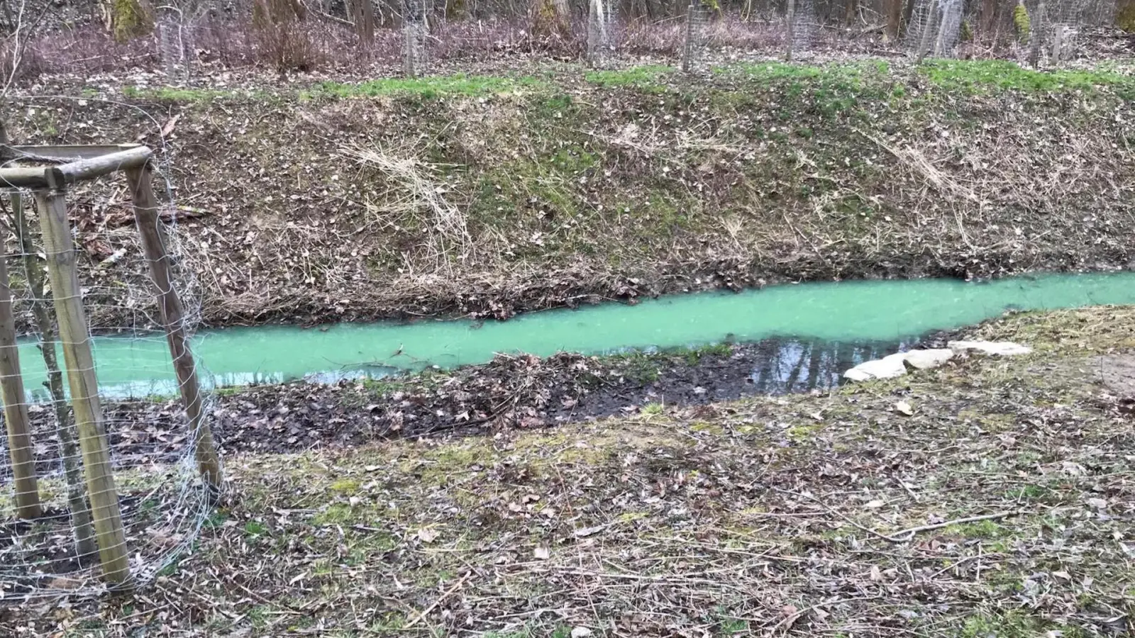 Unbekannte Flüssigkeit: Lösegraben führt giftgrünes Wasser (Foto: taucha-kompakt.de)