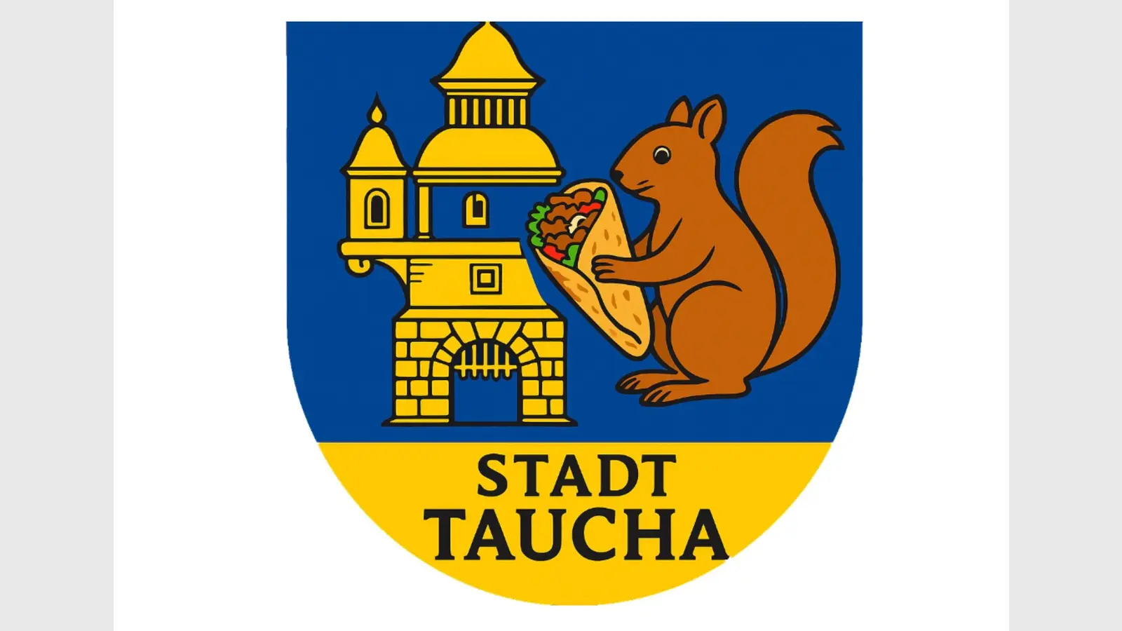 Tauchas Stadtwappen ziert künftig zusätzlich zum Stadttor ein Eichhörnchen mit einem Döner in der Hand. Tradition, Moderne und Naturverbundenheit in einem Wappen. (Grafik: Stadtverwaltung Taucha)