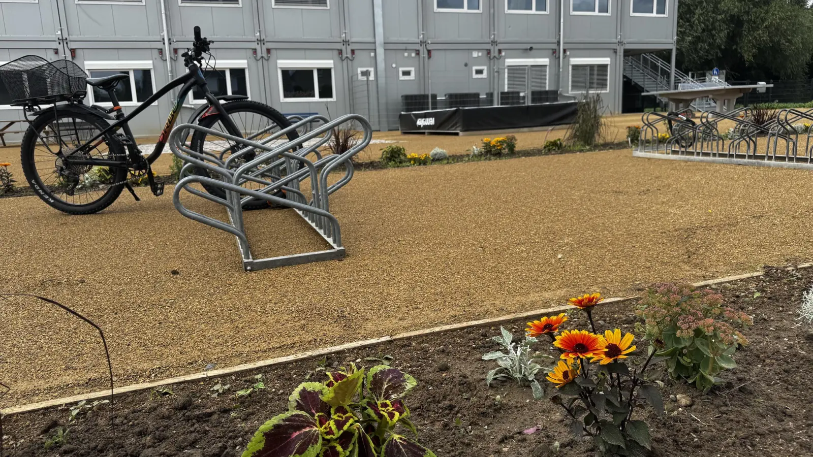 Die Außenanlagen sind fertig, erste Blumen wurden gepflanzt. (Foto: Daniel Große)