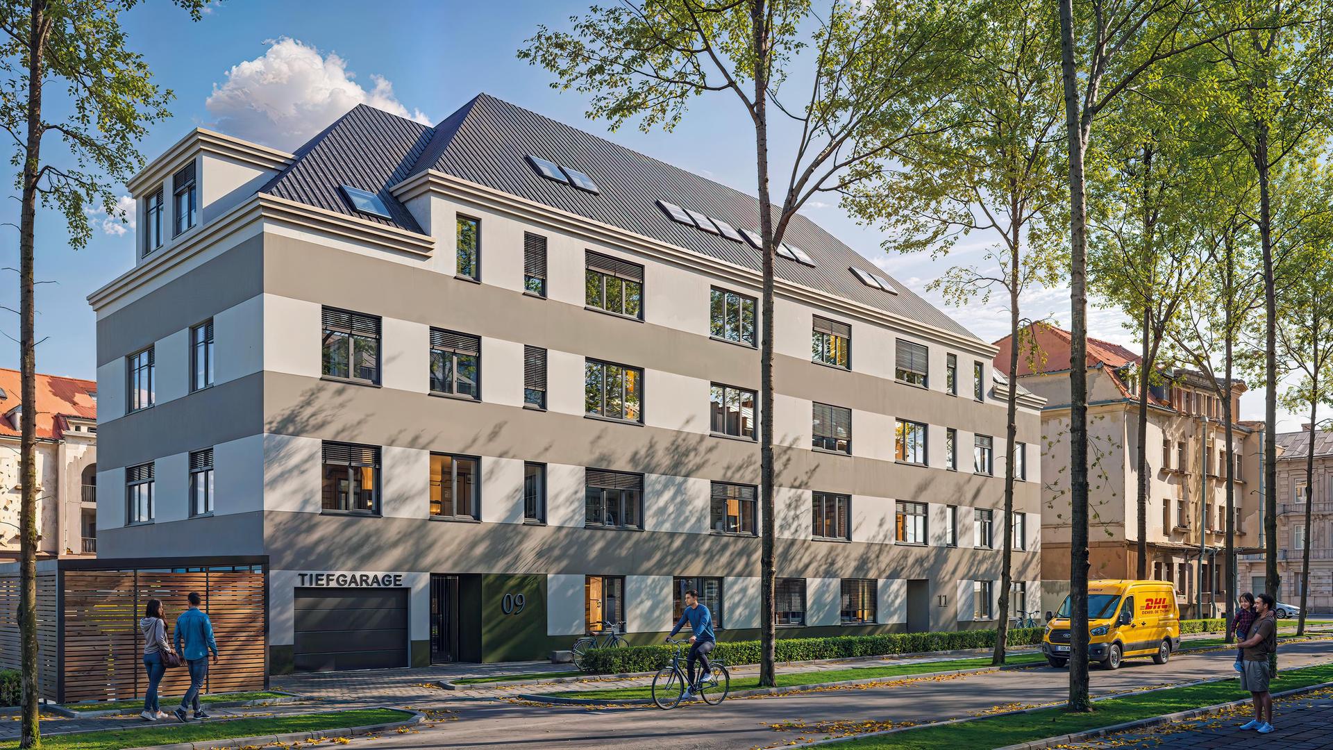 An der Heinrich-Heine-Straße entsteht dieses neue Wohnhaus für 15 Familien. (Foto: Gruenfeldt Projektentwicklung GmbH)